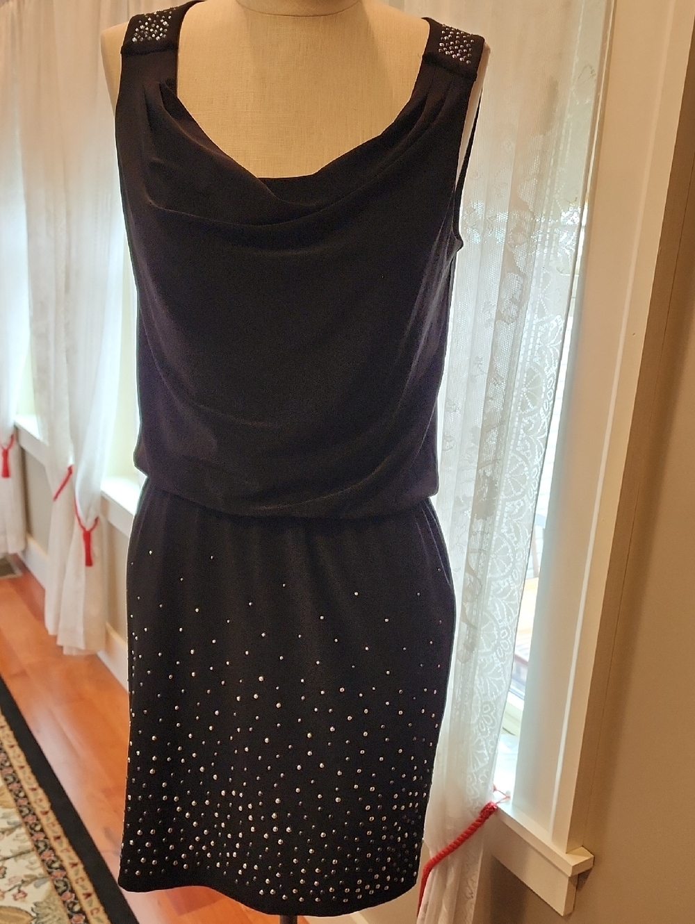 White House Black Market Black Sleeveless Cowl Neck Dress with Rhinestones